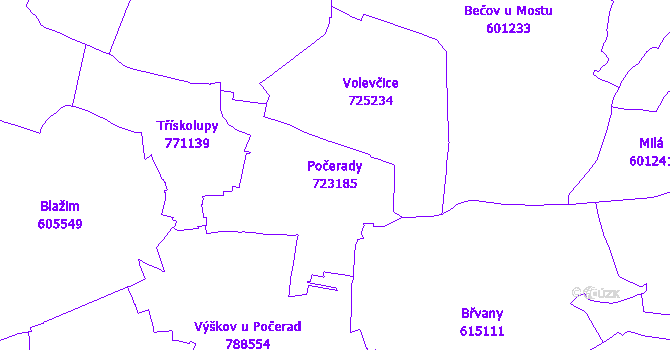 Katastrální mapa Počerady - přehledová mapa katastrálního území