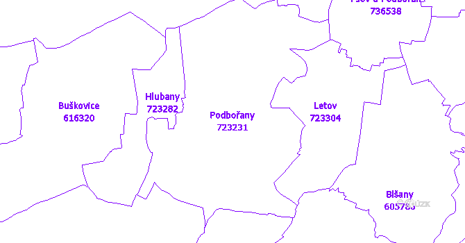 Katastrální mapa Podbořany - přehledová mapa katastrálního území