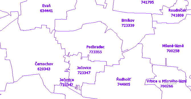 Katastrální mapa Podbradec - přehledová mapa katastrálního území