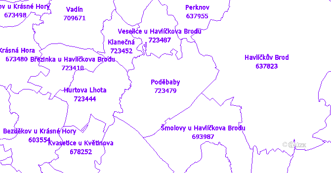 Katastrální mapa Poděbaby - přehledová mapa katastrálního území