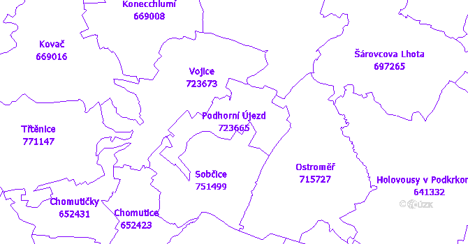 Katastrální mapa Podhorní Újezd - přehledová mapa katastrálního území