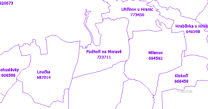 Katastrální mapa Podhoří na Moravě - přehledová mapa katastrálního území