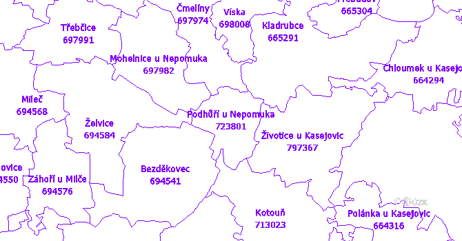 Katastrální mapa Podhůří u Nepomuka - přehledová mapa katastrálního území