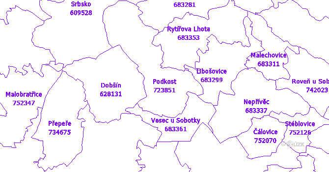 Katastrální mapa Podkost - přehledová mapa katastrálního území