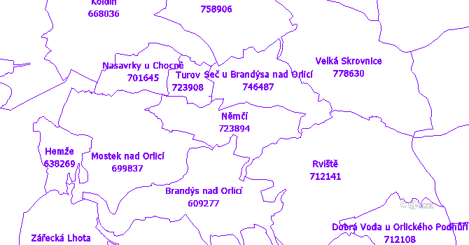 Katastrální mapa Němčí - přehledová mapa katastrálního území