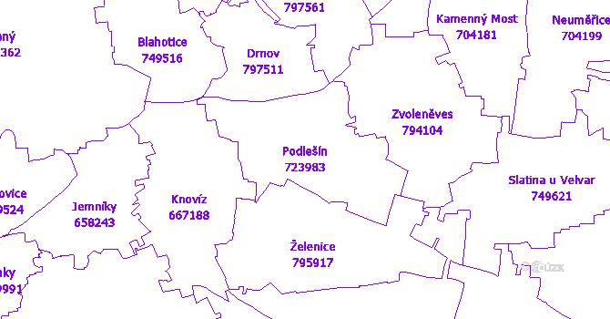 Katastrální mapa Podlešín - přehledová mapa katastrálního území