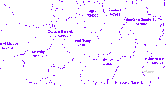 Katastrální mapa Podlíšťany - přehledová mapa katastrálního území