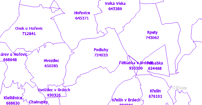 Katastrální mapa Podluhy - přehledová mapa katastrálního území