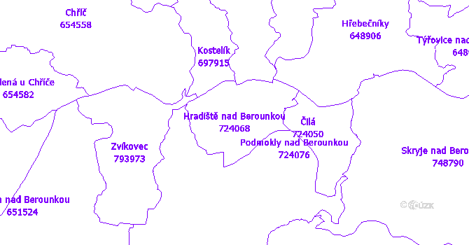 Katastrální mapa Hradiště nad Berounkou - přehledová mapa katastrálního území