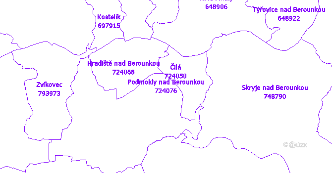 Katastrální mapa Podmokly nad Berounkou - přehledová mapa katastrálního území