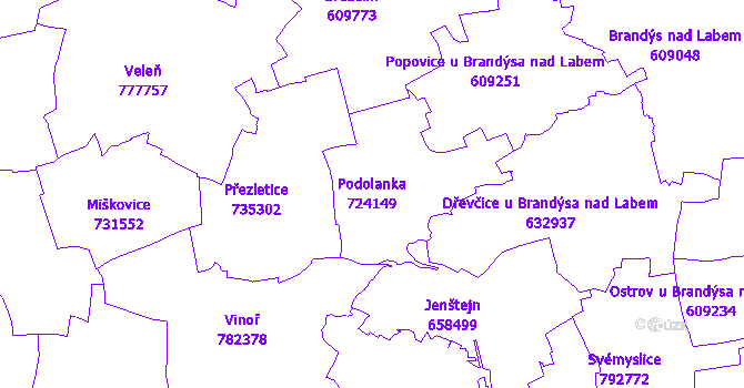 Katastrální mapa Podolanka - přehledová mapa katastrálního území
