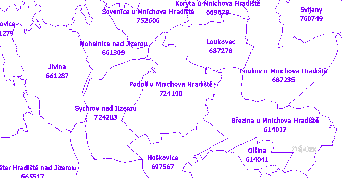Katastrální mapa Podolí u Mnichova Hradiště - přehledová mapa katastrálního území