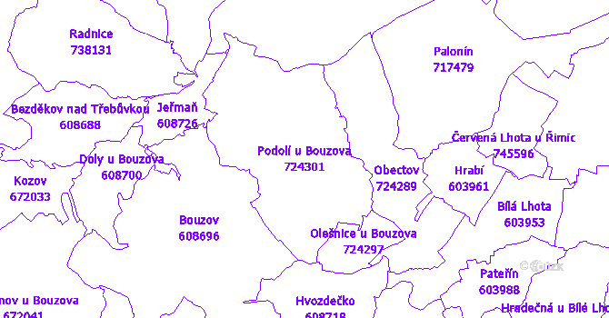 Katastrální mapa Podolí u Bouzova - přehledová mapa katastrálního území