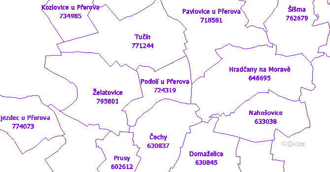 Katastrální mapa Podolí u Přerova - přehledová mapa katastrálního území