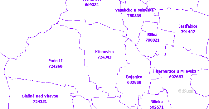 Katastrální mapa Křenovice - přehledová mapa katastrálního území