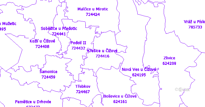 Katastrální mapa Křešice u Čížové - přehledová mapa katastrálního území