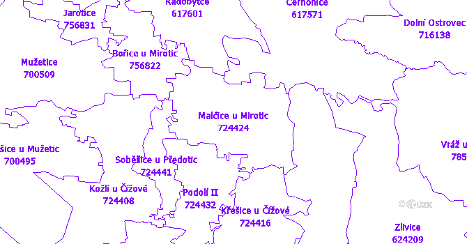 Katastrální mapa Malčice u Mirotic - přehledová mapa katastrálního území