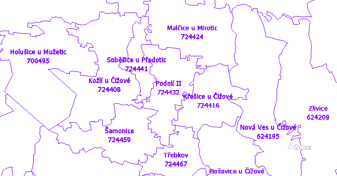 Katastrální mapa Podolí II - přehledová mapa katastrálního území