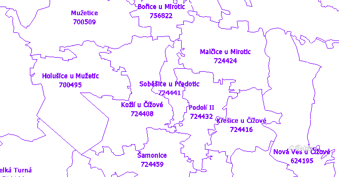 Katastrální mapa Soběšice u Předotic - přehledová mapa katastrálního území