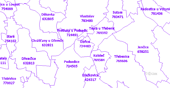 Katastrální mapa Obřice - přehledová mapa katastrálního území