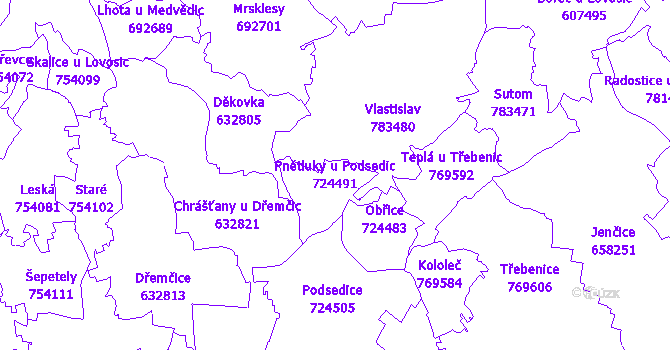 Katastrální mapa Pnětluky u Podsedic - přehledová mapa katastrálního území