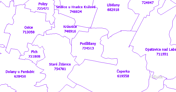 Katastrální mapa Podůlšany - přehledová mapa katastrálního území