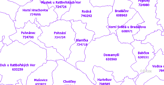 Katastrální mapa Blanička - přehledová mapa katastrálního území