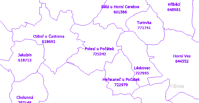 Katastrální mapa Polesí u Počátek - přehledová mapa katastrálního území