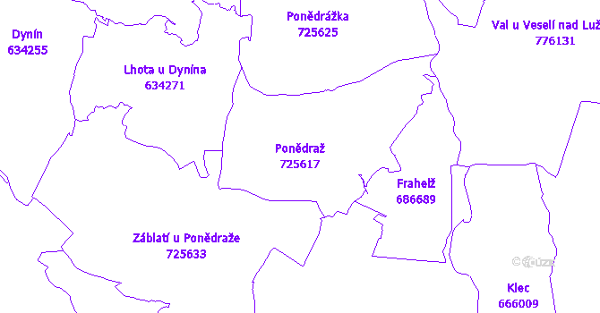 Katastrální mapa Ponědraž - přehledová mapa katastrálního území