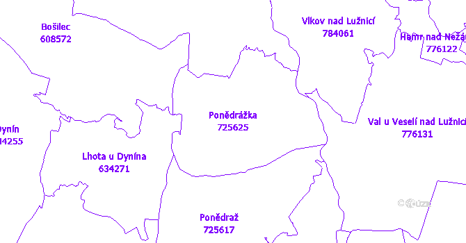 Katastrální mapa Ponědrážka - přehledová mapa katastrálního území