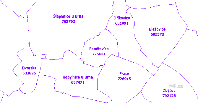 Katastrální mapa Ponětovice - přehledová mapa katastrálního území