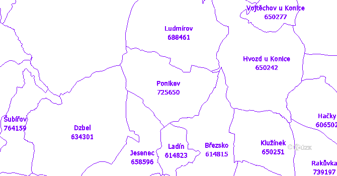 Katastrální mapa Ponikev - přehledová mapa katastrálního území