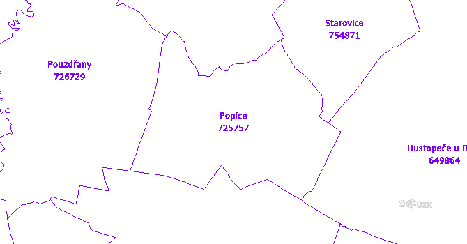 Katastrální mapa Popice - přehledová mapa katastrálního území