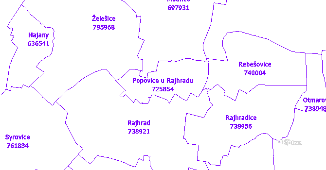 Katastrální mapa Popovice u Rajhradu - přehledová mapa katastrálního území