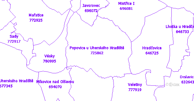 Katastrální mapa Popovice u Uherského Hradiště - přehledová mapa katastrálního území