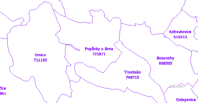 Katastrální mapa Popůvky u Brna - přehledová mapa katastrálního území