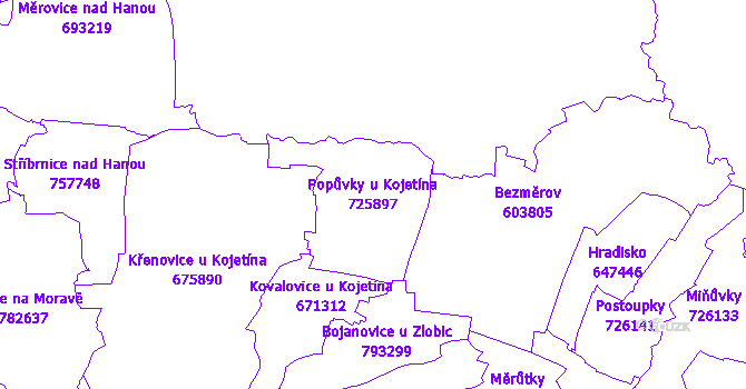 Katastrální mapa Popůvky u Kojetína - přehledová mapa katastrálního území