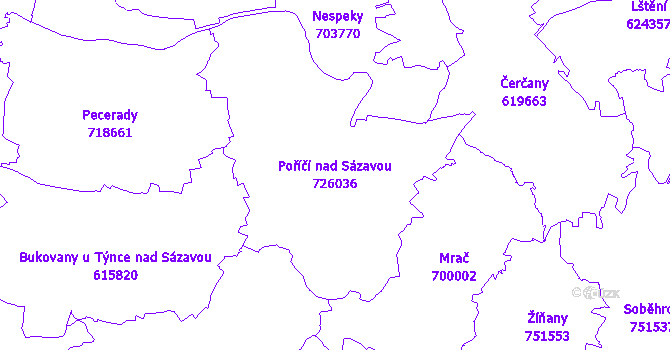 Katastrální mapa Poříčí nad Sázavou - přehledová mapa katastrálního území
