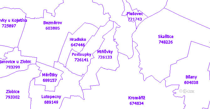 Katastrální mapa Miňůvky - přehledová mapa katastrálního území