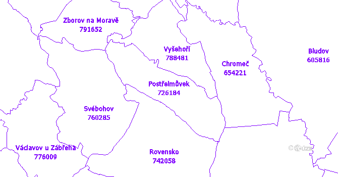 Katastrální mapa Postřelmůvek - přehledová mapa katastrálního území