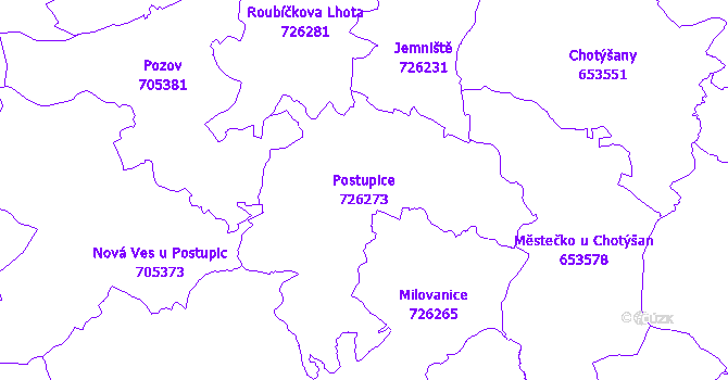 Katastrální mapa Postupice - přehledová mapa katastrálního území