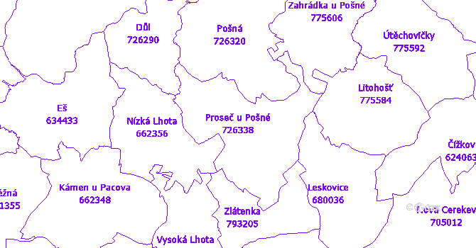 Katastrální mapa Proseč u Pošné - přehledová mapa katastrálního území