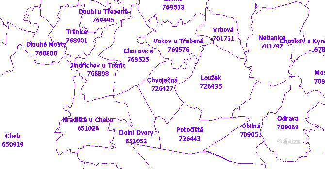 Katastrální mapa Chvoječná - přehledová mapa katastrálního území