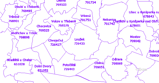 Katastrální mapa Loužek - přehledová mapa katastrálního území