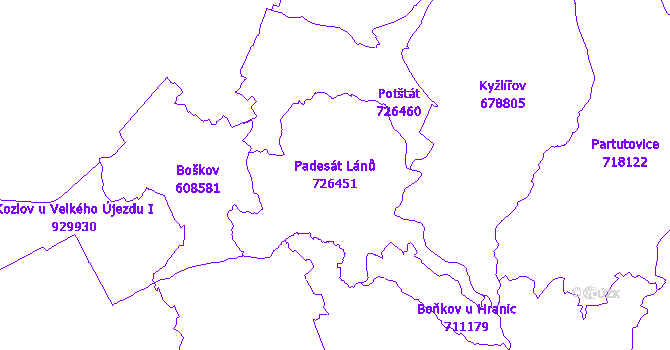 Katastrální mapa Padesát Lánů - přehledová mapa katastrálního území