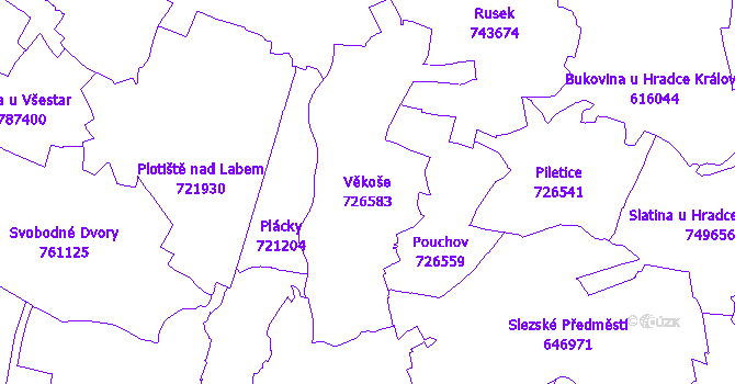Katastrální mapa Věkoše - přehledová mapa katastrálního území