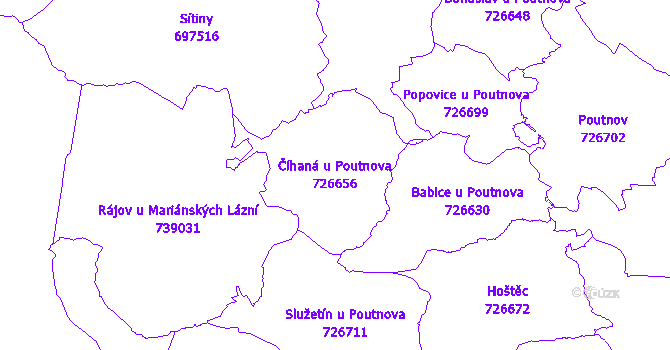 Katastrální mapa Číhaná u Poutnova - přehledová mapa katastrálního území