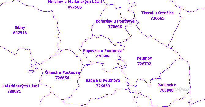 Katastrální mapa Popovice u Poutnova - přehledová mapa katastrálního území