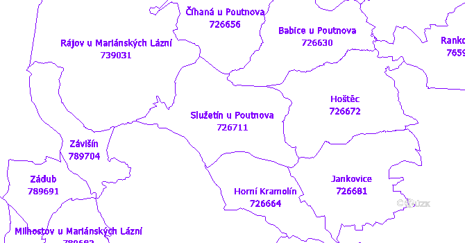 Katastrální mapa Služetín u Poutnova - přehledová mapa katastrálního území