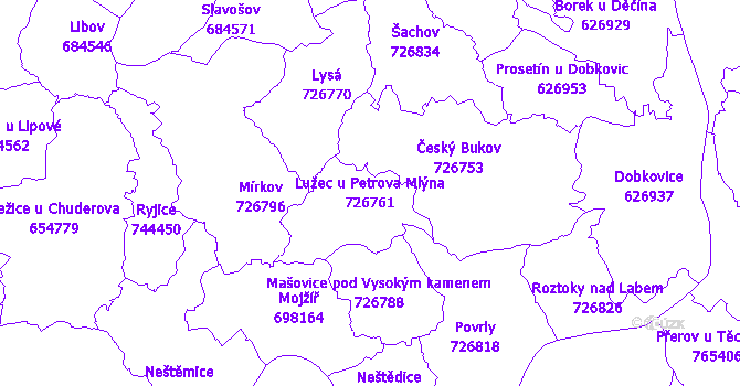 Katastrální mapa Lužec u Petrova Mlýna - přehledová mapa katastrálního území